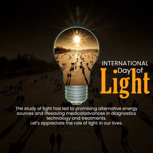 Lightbulb containing a sunset scene with people silhouetted, celebrating International Day of Light.