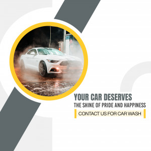 White sports car being washed with water spray, advertising car wash services.