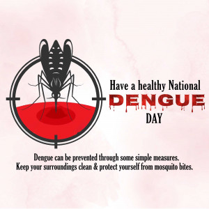 Image depicting a mosquito with a red blood drop and text promoting National Dengue Day and prevention.