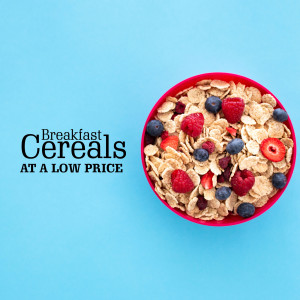Top-down view of a red bowl filled with breakfast cereal and fresh berries on a blue background.