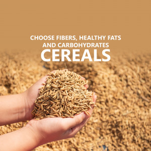 Hands holding a pile of cereals with text promoting healthy eating.