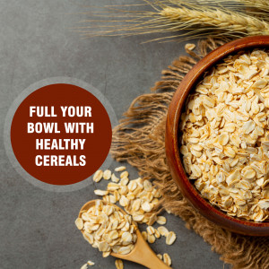 Close-up of a bowl of oatmeal with wheat stalks and a promotional graphic.
