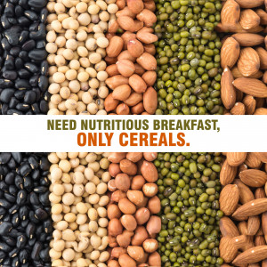 A colorful assortment of various cereals and legumes including black beans, chickpeas, peanuts, and almonds.