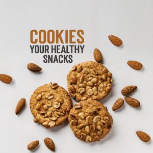 Close-up of homemade cookies with almonds and scattered almond pieces on a white background.
