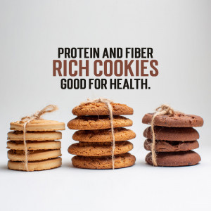 Three stacks of cookies tied with twine, labeled 'Protein and Fiber Rich Cookies - Good for Health'.