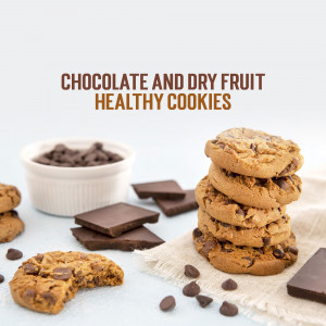 Stack of chocolate chip cookies with chocolate pieces and squares