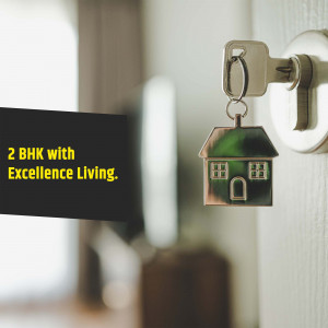 A house key with a house-shaped keychain hanging in a door lock, with a promotional card for a 2 BHK property.