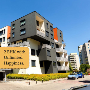 Exterior view of a modern apartment building with a 2 BHK unit advertised.