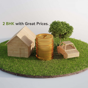 Illustration of a house, gold coins, and a car on a green platform representing affordable housing.