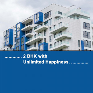 Exterior view of a modern apartment building with blue and white facade