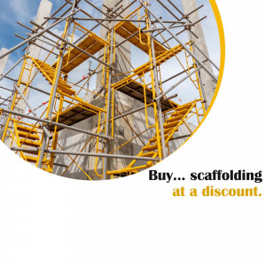Yellow scaffolding structure on a construction site with a discount advertisement.