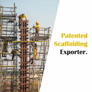 Construction workers on scaffolding with 'Patented Scaffolding Exporter' text overlay