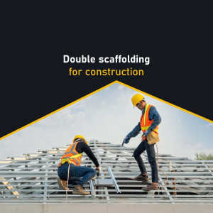 Two construction workers on scaffolding working on a roof.