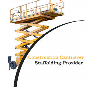 Yellow scissor lift construction equipment on a white background with text overlay