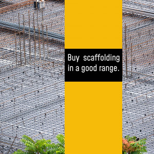 Construction site with rebar and scaffolding advertisement