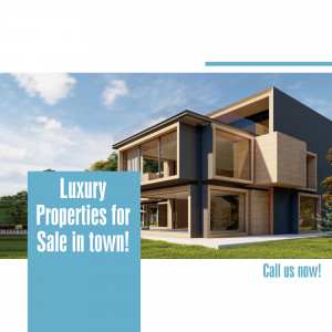 Architectural rendering of a modern luxury home with large windows and a blue accent.