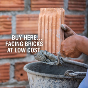 Hand holding a facing brick with mortar, advertising low cost bricks