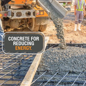 Concrete being poured onto rebar for a construction project, with text overlay 'Concrete for Reducing Energy'.