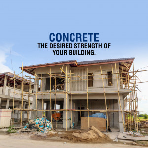 House under construction with concrete materials and scaffolding