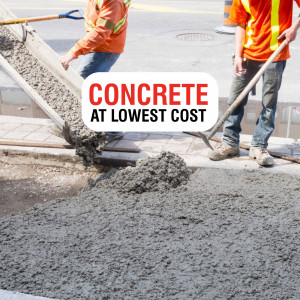 Workers pouring concrete on a street with text overlay 'Concrete at Lowest Cost'