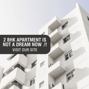 Modern 2 BHK apartment building with promotional text