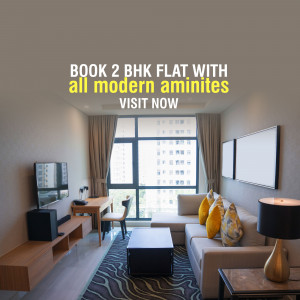 Interior view of a modern 2 BHK flat with a sofa, TV, and window