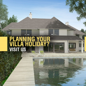 Exterior view of a modern villa with a swimming pool and text overlay 'Planning Your Villa Holiday? Visit Us'