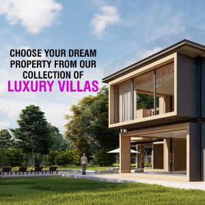 Modern luxury villa with a pool and lush green surroundings