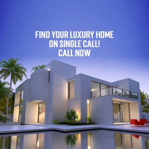 Modern luxury home with a swimming pool and palm trees, advertising real estate services.