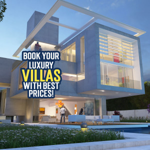 Modern architectural villa with promotional text