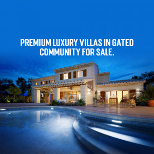 Modern luxury villa with a swimming pool at dusk