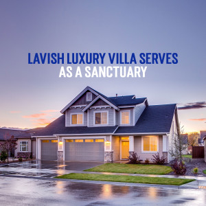 Exterior view of a large, luxurious villa with a driveway and landscaping.