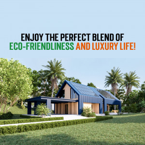 Modern eco-friendly house with solar panels and lush greenery