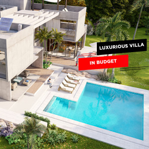 Modern villa with a swimming pool and lush landscaping, advertised as being within budget.