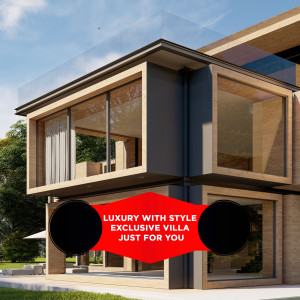 Exterior view of a modern luxury villa with large glass windows and a stylish design.