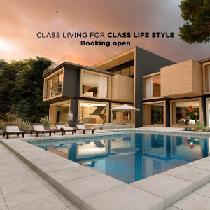 Modern villa with a swimming pool and sunset view