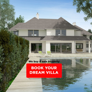 Exterior view of a modern villa with a swimming pool and text overlay 'We buy & sale Property' and 'Book Your Dream Villa'.