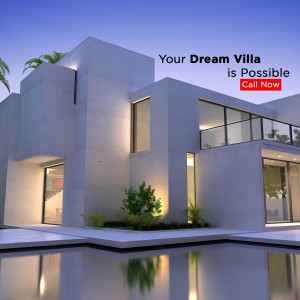 Exterior view of a modern, luxurious villa with a swimming pool.