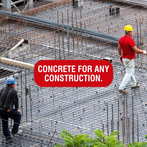 Two construction workers inspecting a concrete foundation with rebar, advertising concrete services.