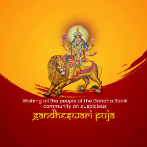 Image of Goddess Gandheswari riding a lion with text wishing the Gandha Banik community