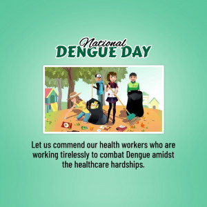 Illustration of health workers cleaning up debris with text 'National Dengue Day'