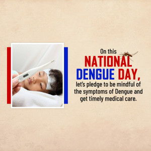 Image promoting awareness for National Dengue Day, showing a child being checked for fever and a mosquito.