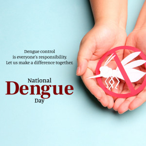 Hands holding a paper cut-out of a mosquito with a prohibition sign, promoting Dengue control.