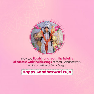 Image depicting Maa Gandheswari with a festive pink background and text wishing Happy Gandheswari Puja.