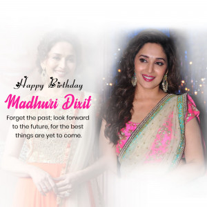 Madhuri Dixit birthday wish image with a portrait and a smaller inset photo.