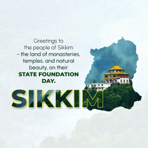 Image celebrating Sikkim State Foundation Day with a temple and landscape.