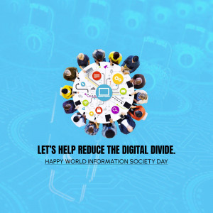 People gathered around a digital circle representing connectivity and reducing the digital divide.