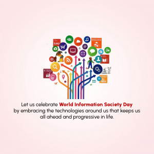 Colorful illustration of a tree made of app icons with text celebrating World Information Society Day.