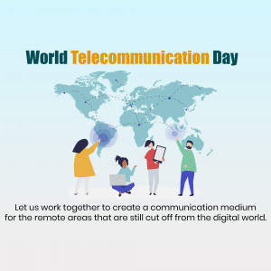 Illustration depicting people connecting with technology on a world map for World Telecommunication Day.