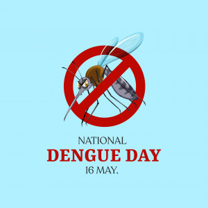 Illustration of a mosquito with a red prohibition sign over it, promoting National Dengue Day.